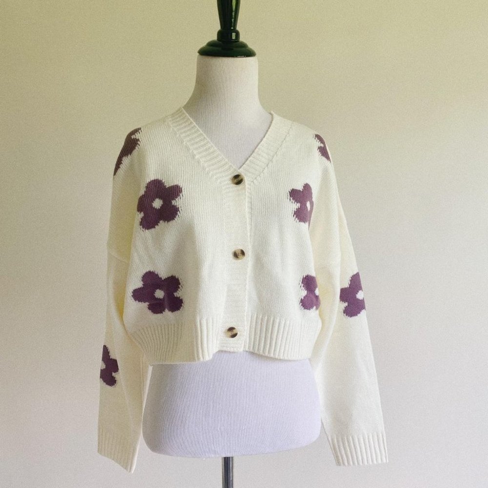 Elisabeth Floral Print Knit Cardigan (Ivory)